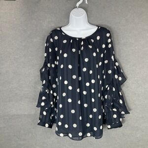 Chico's Polka Dot Blouse Ruffle Sleeve Sheer Black White Sz 1 (M) Festive‎ Party